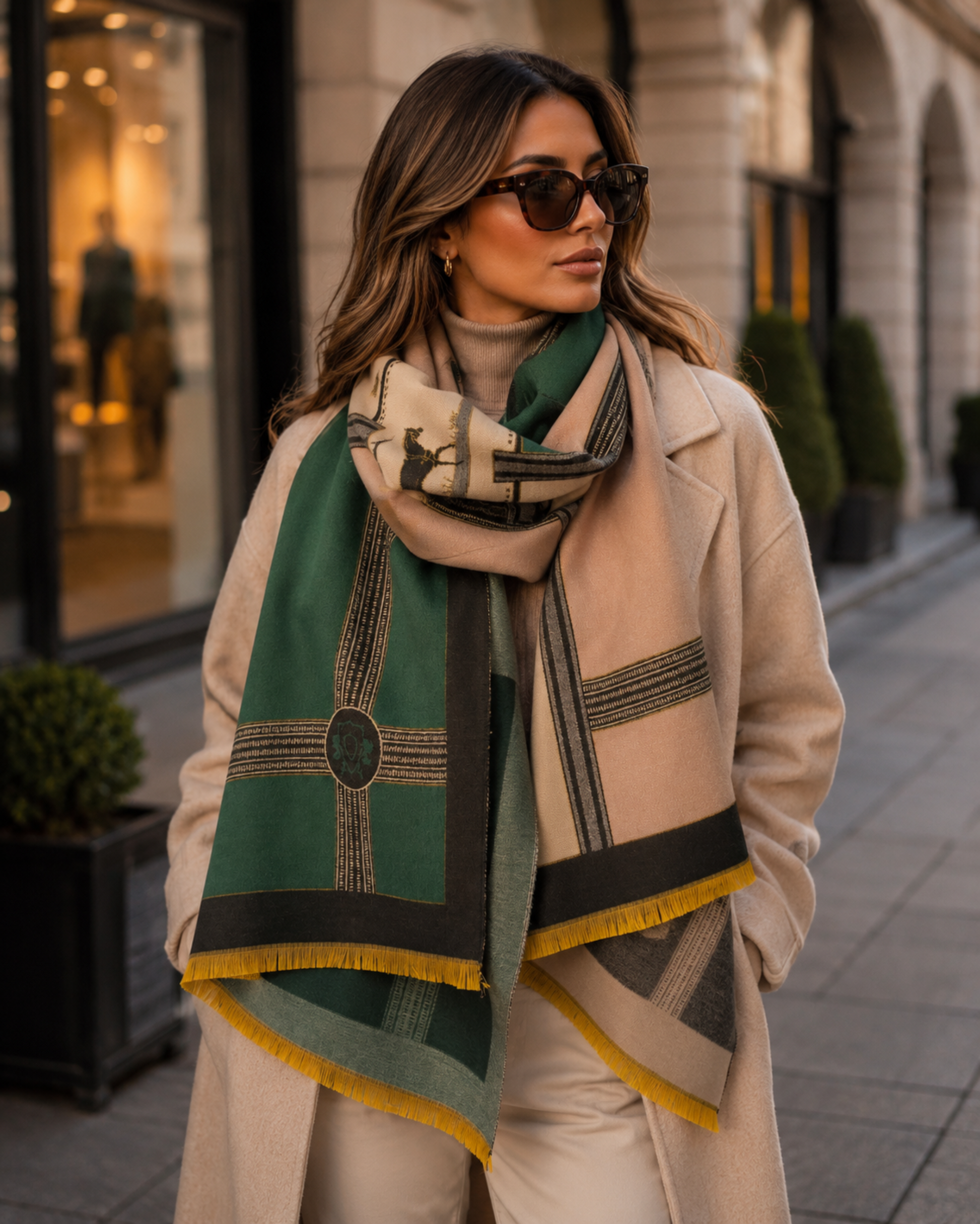 Woman wearing a patterned scarf on a city street