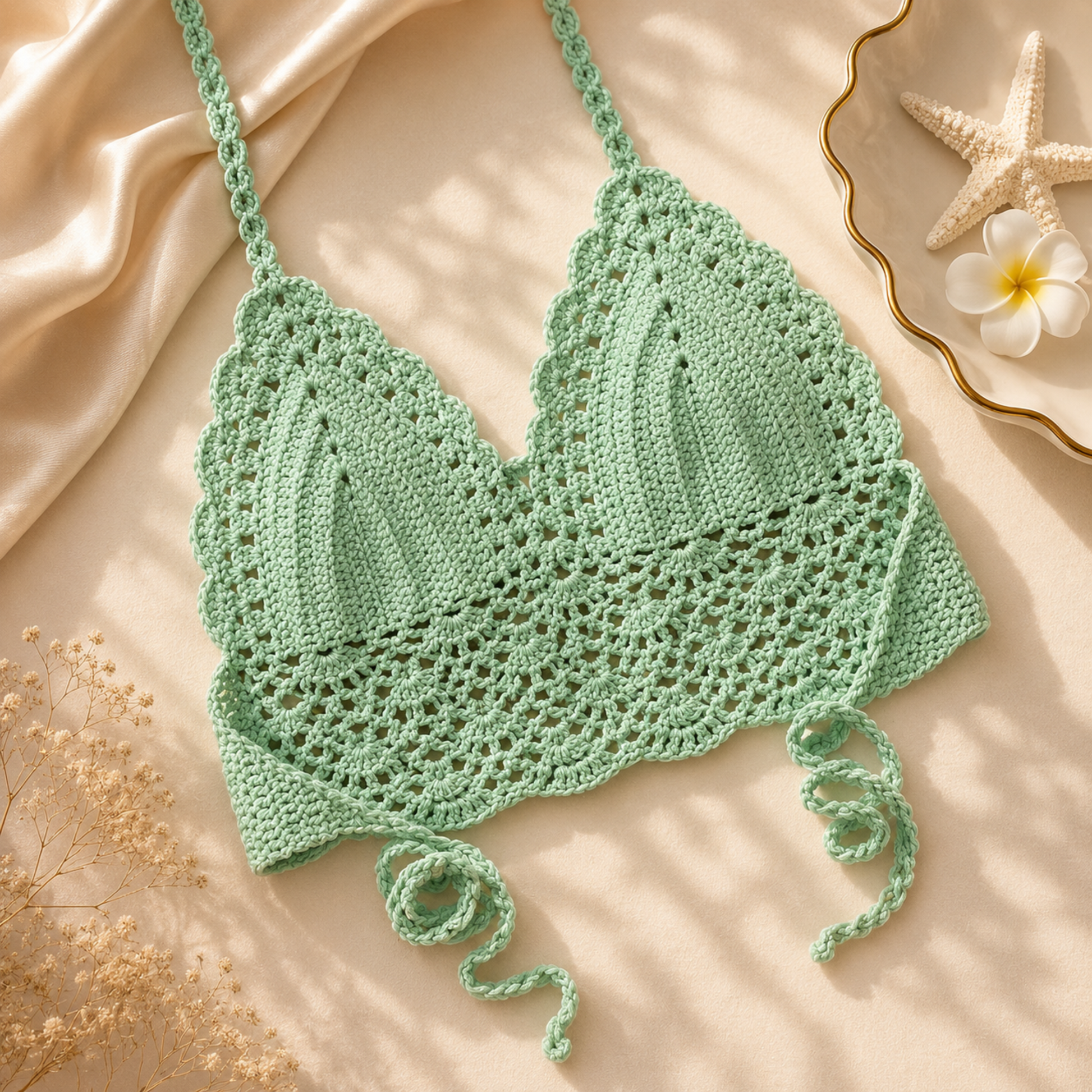 Green crochet bikini top on a beige fabric background with flowers and starfish.