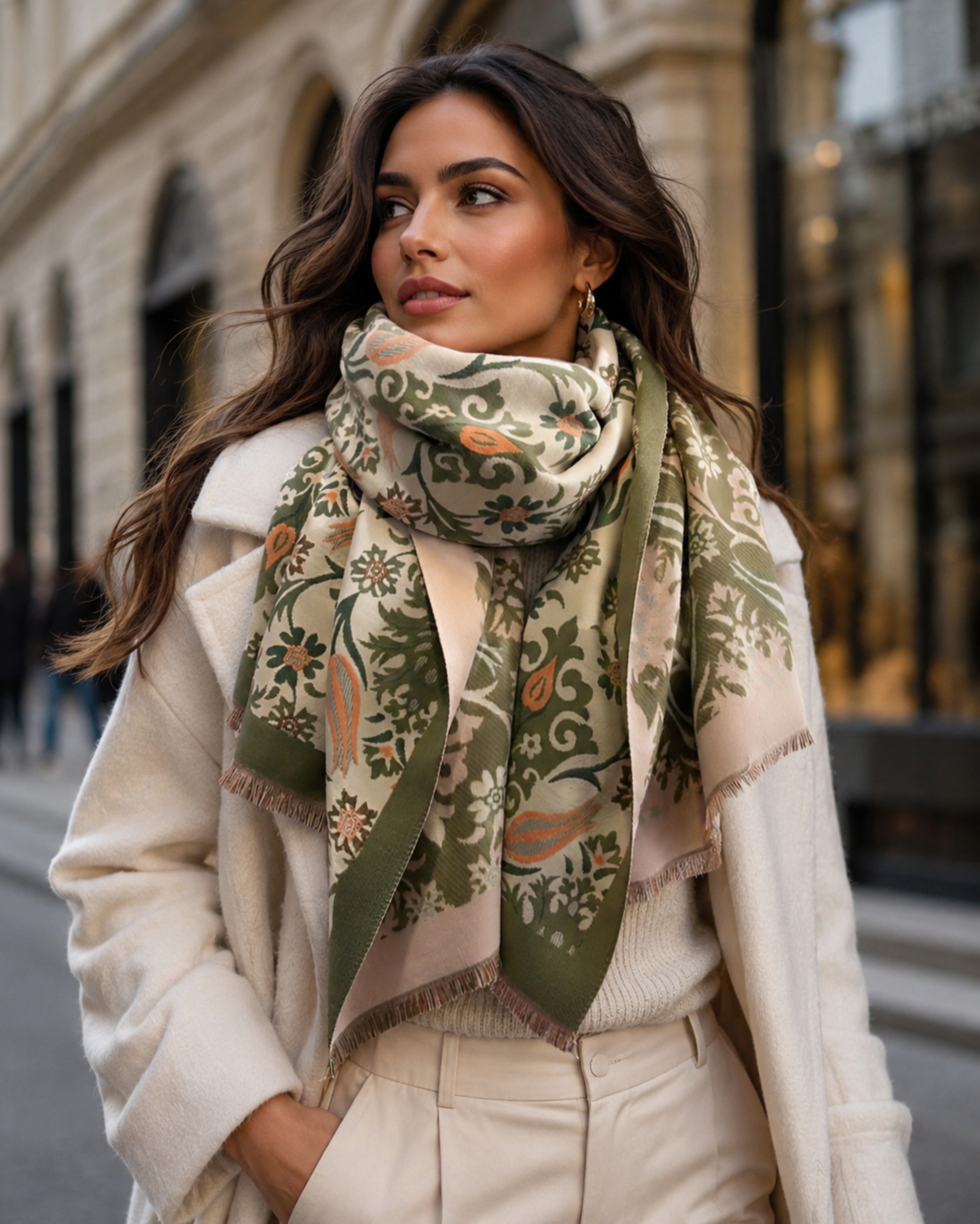 Woman wearing a patterned scarf in an urban setting