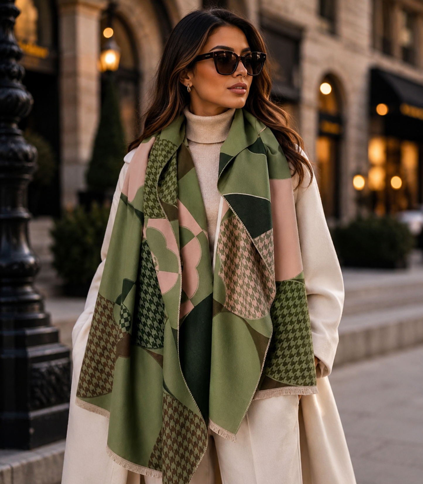 Woman wearing a green patterned scarf and sunglasses in an urban setting