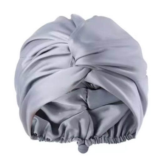 A gray satin sleep cap with an adjustable elastic band, featuring a double-layer design.