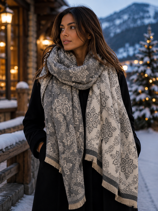 Woman wearing a patterned scarf in a snowy mountain setting