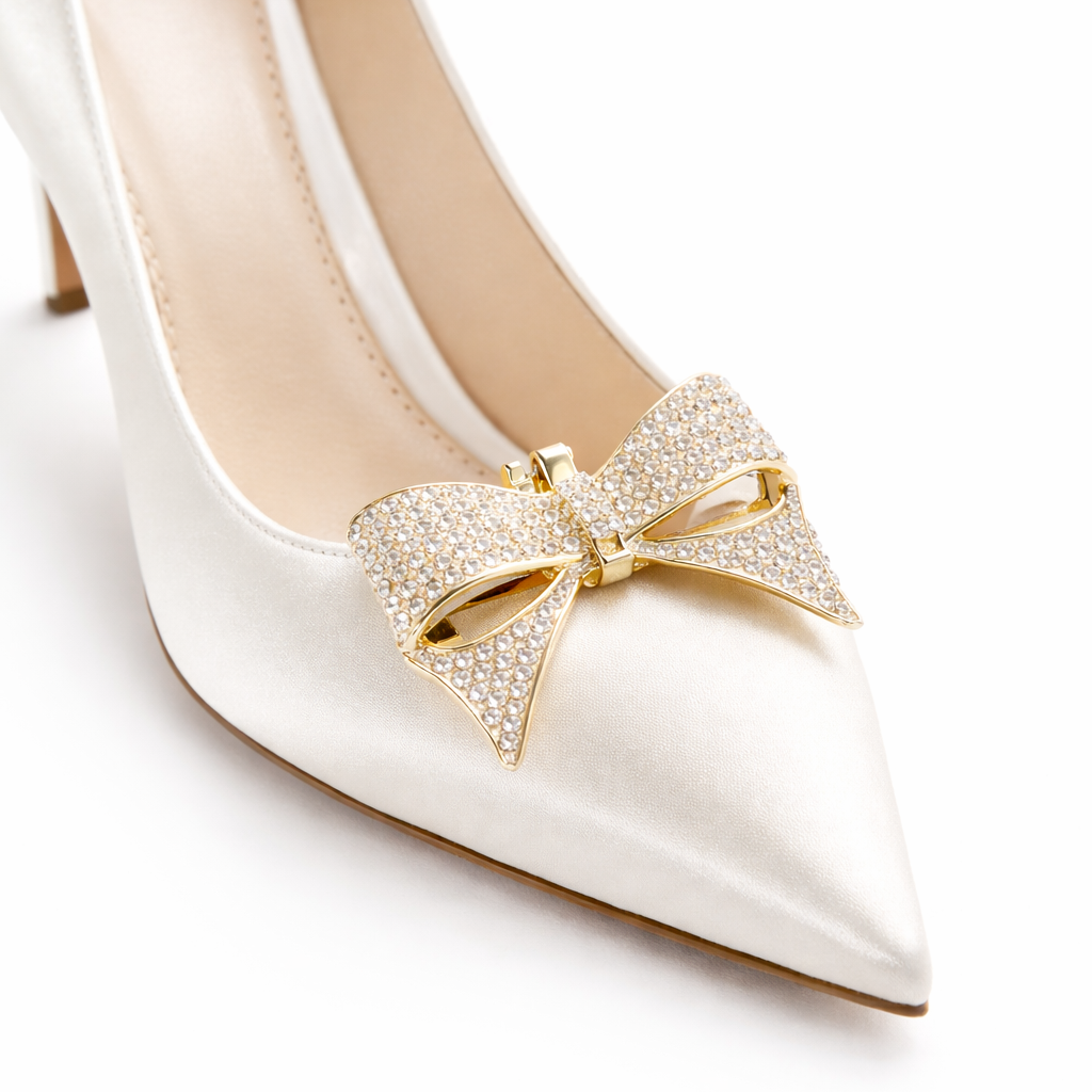 White high-heeled shoe with a gold bow embellishment on a white background