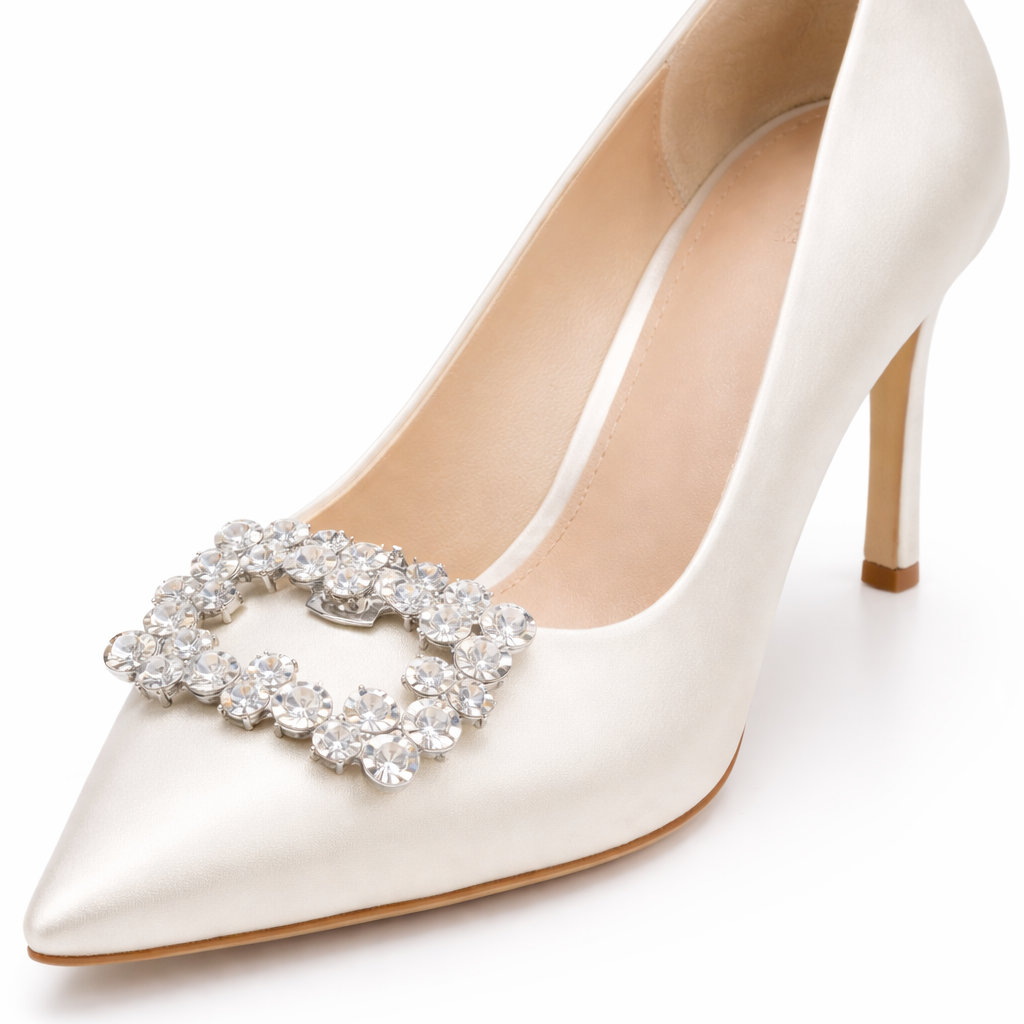 White high-heeled shoe with a decorative buckle on a white background