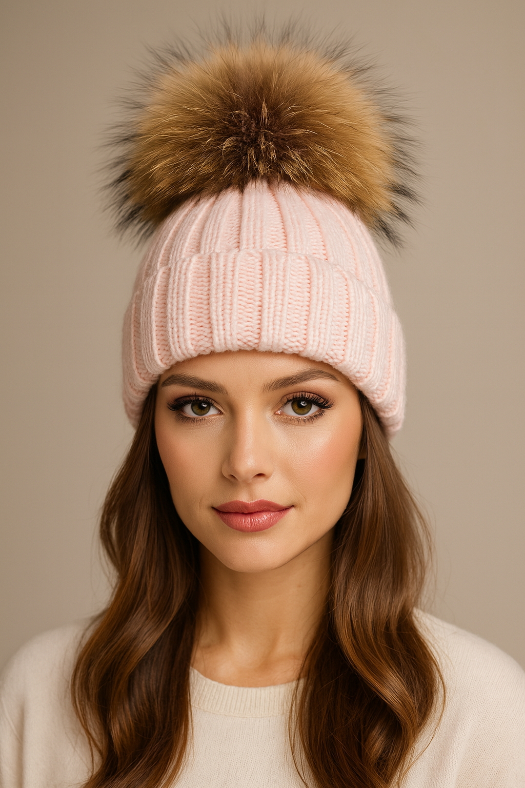 Fluffy Cable Knit Pom Pom Hat in Baby Pink