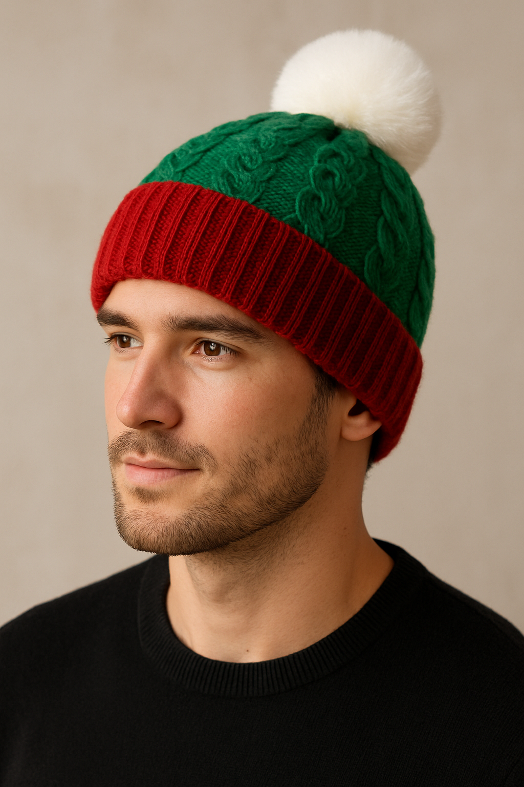 Adults Unisex Christmas Santa PomPom Beanie Hat in Green Red