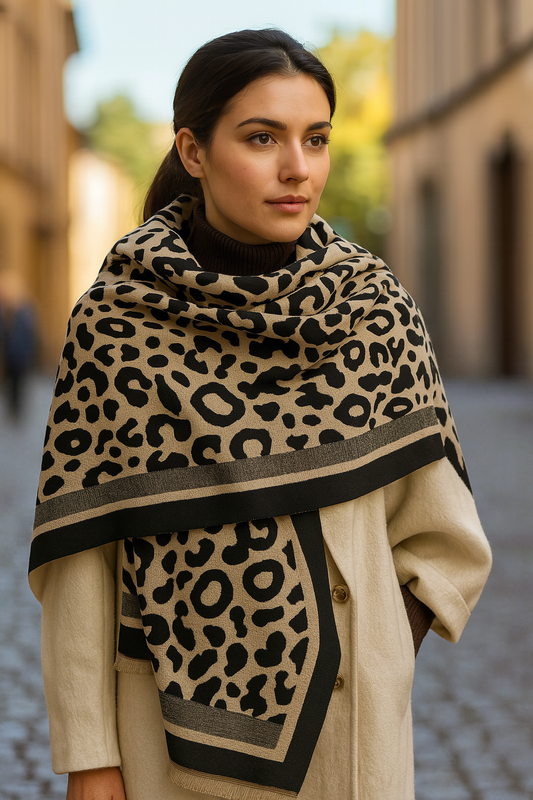 Leopard Print Wrap Scarf Shawl in Black