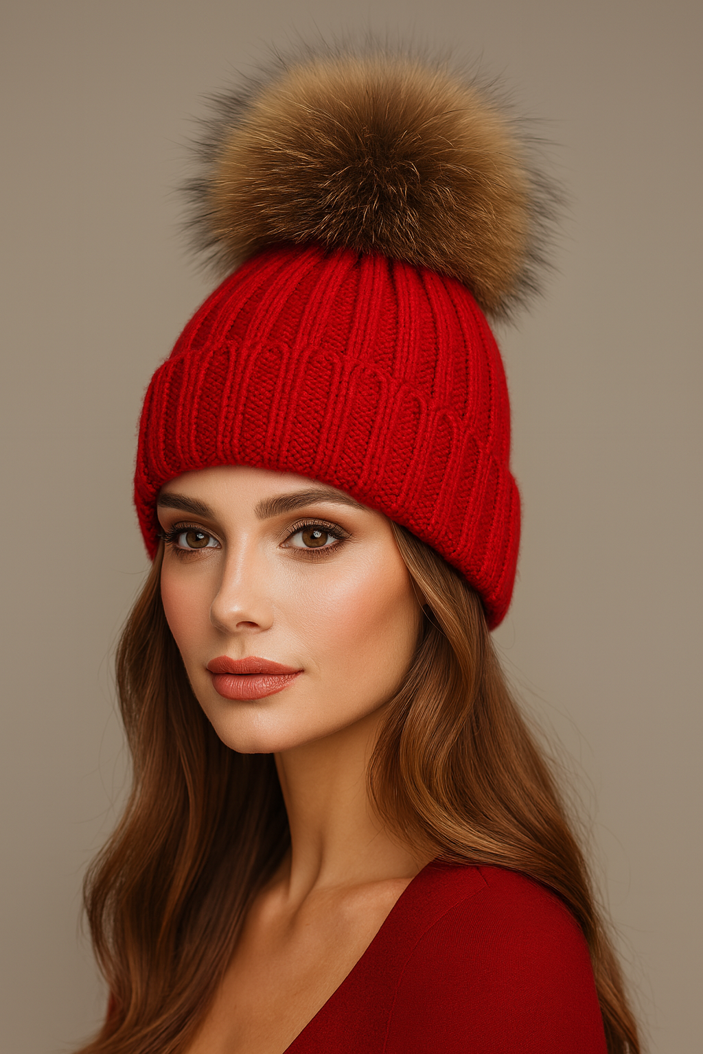 Fluffy Cable Knit Pom Pom Hat in Red