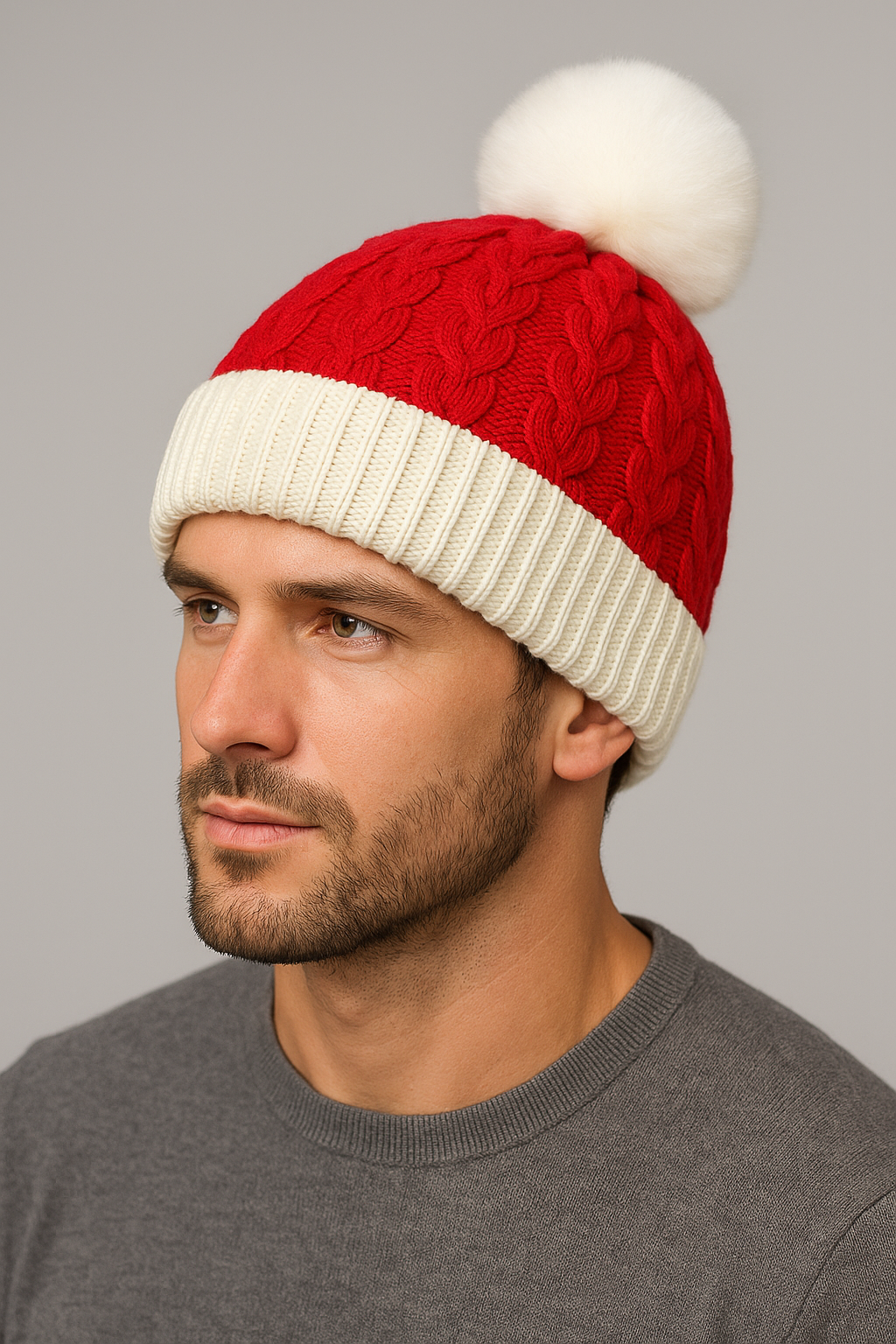Adults Unisex Christmas Santa PomPom Beanie Hat in Red