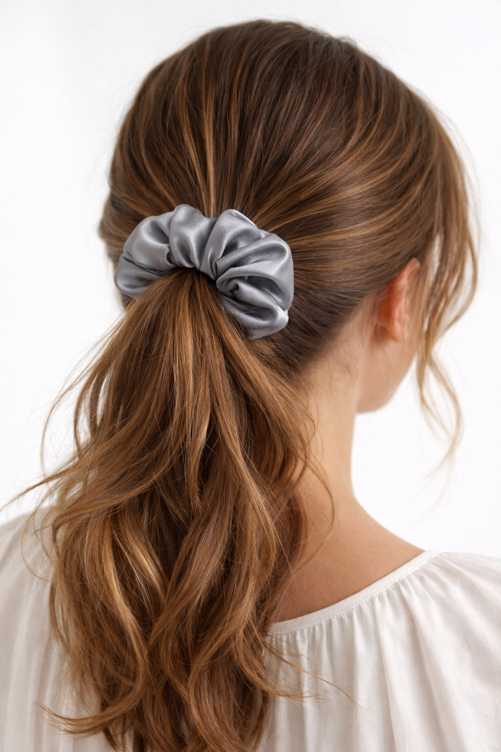 100% Mulberry Silk Scrunchie in Silver Grey