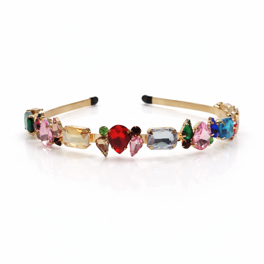 Multicolored gemstone headband on a white background