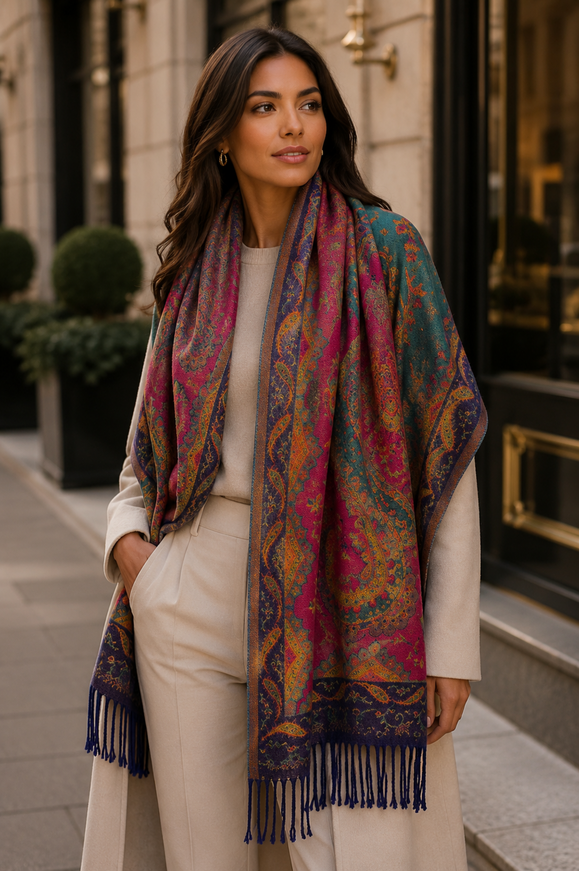 Woman wearing a colorful patterned scarf in an urban setting