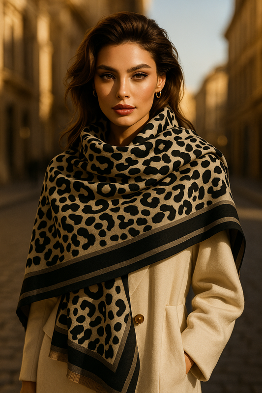 Leopard Print Wrap Scarf Shawl in Black