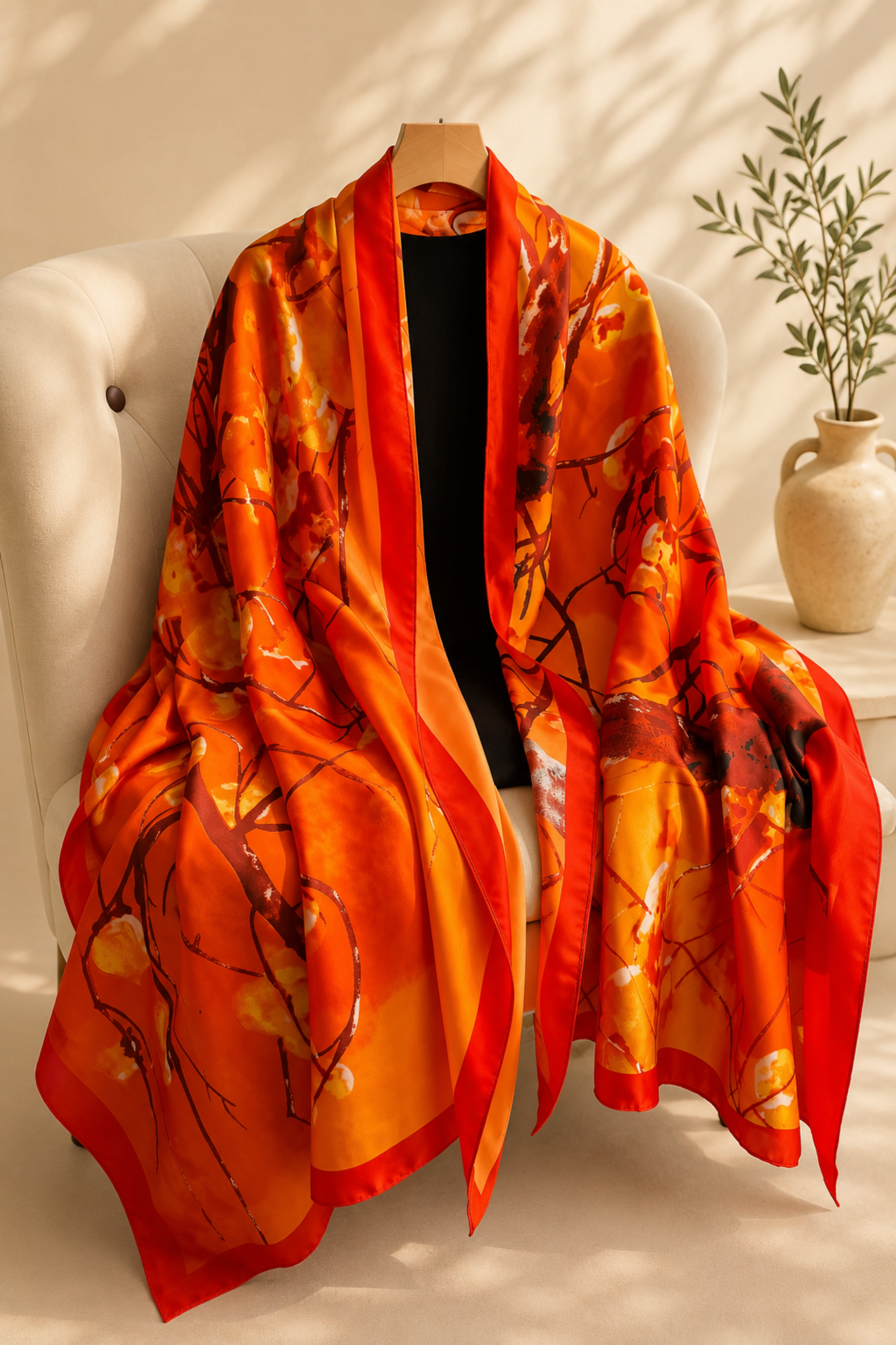Orange and black patterned scarf draped over a chair with a neutral background