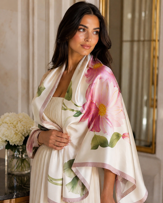 A woman wearing a cream satin robe with a large pink peony print and green leaves, styled with a matching pink and green scarf in an elegant indoor setting.