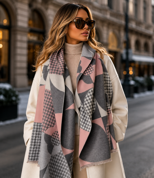 Woman wearing a patterned scarf and coat on a city street