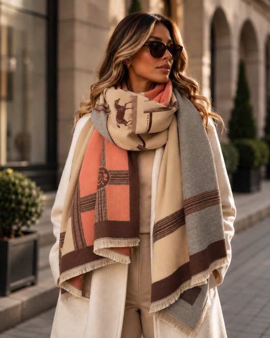 Woman wearing a patterned scarf in an urban setting