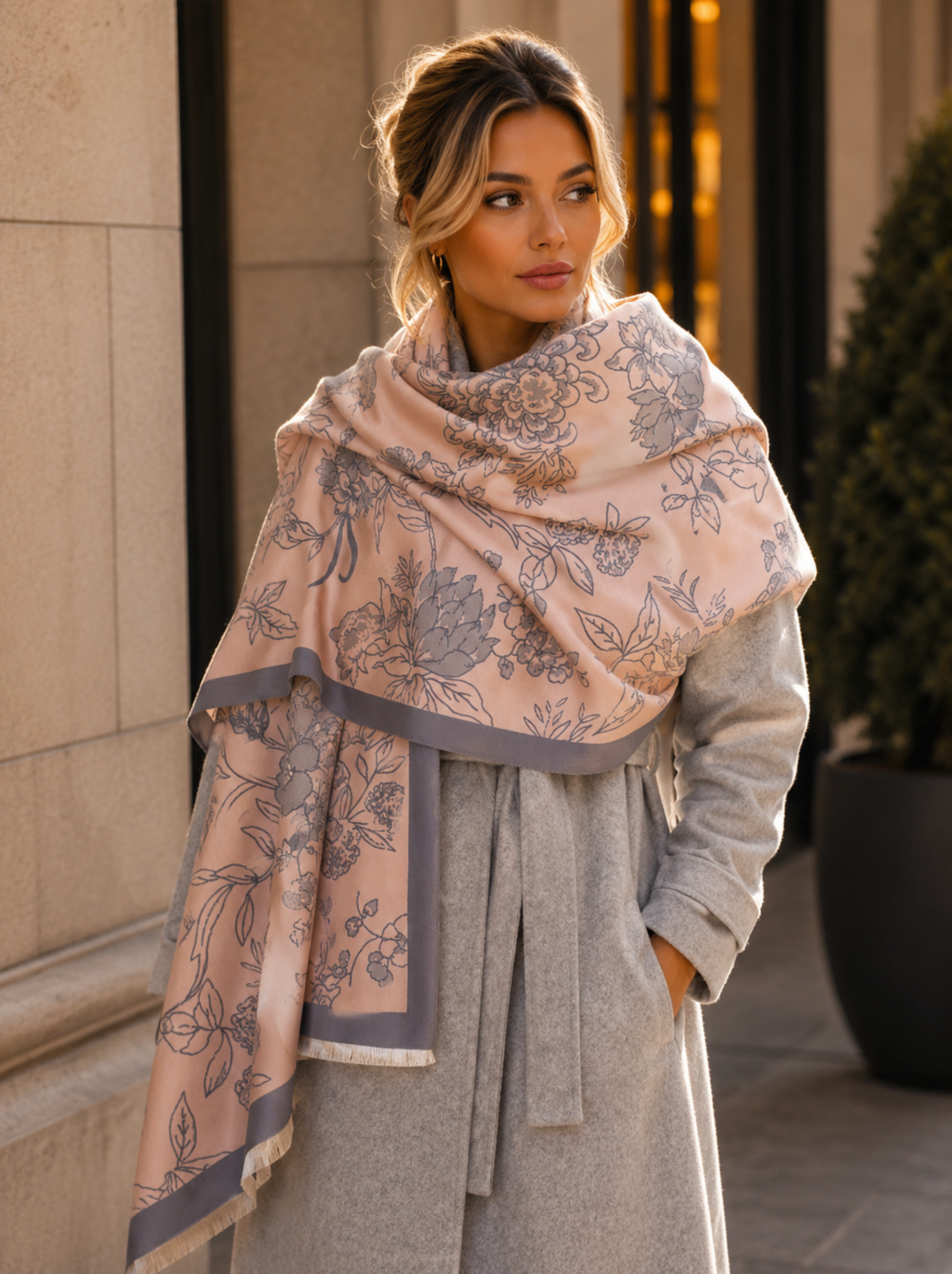 Woman wearing a patterned scarf and gray coat outdoors.