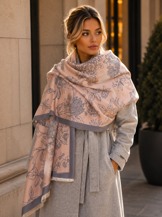 Woman wearing a patterned scarf and gray coat outdoors.