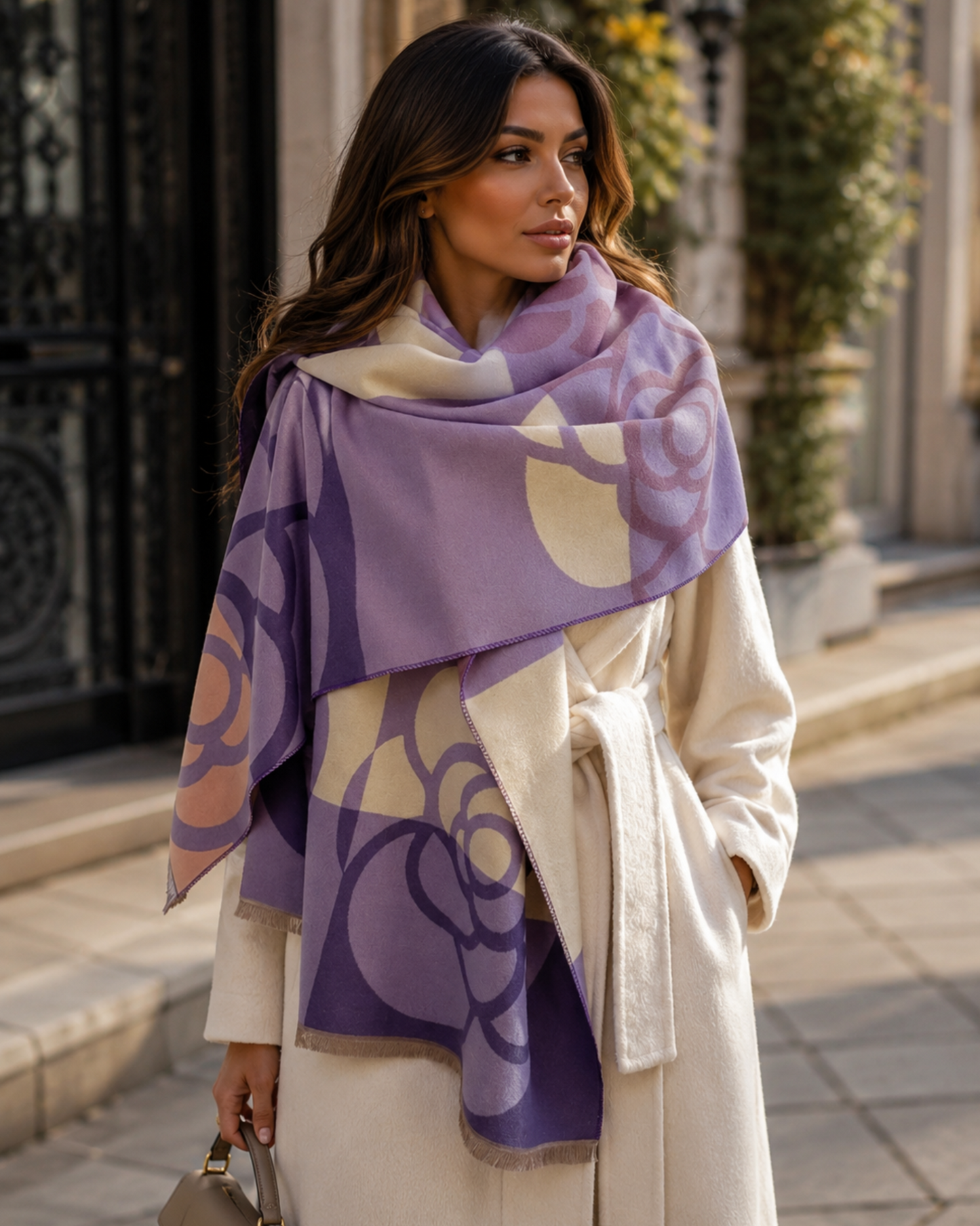 Woman wearing a purple patterned scarf outdoors