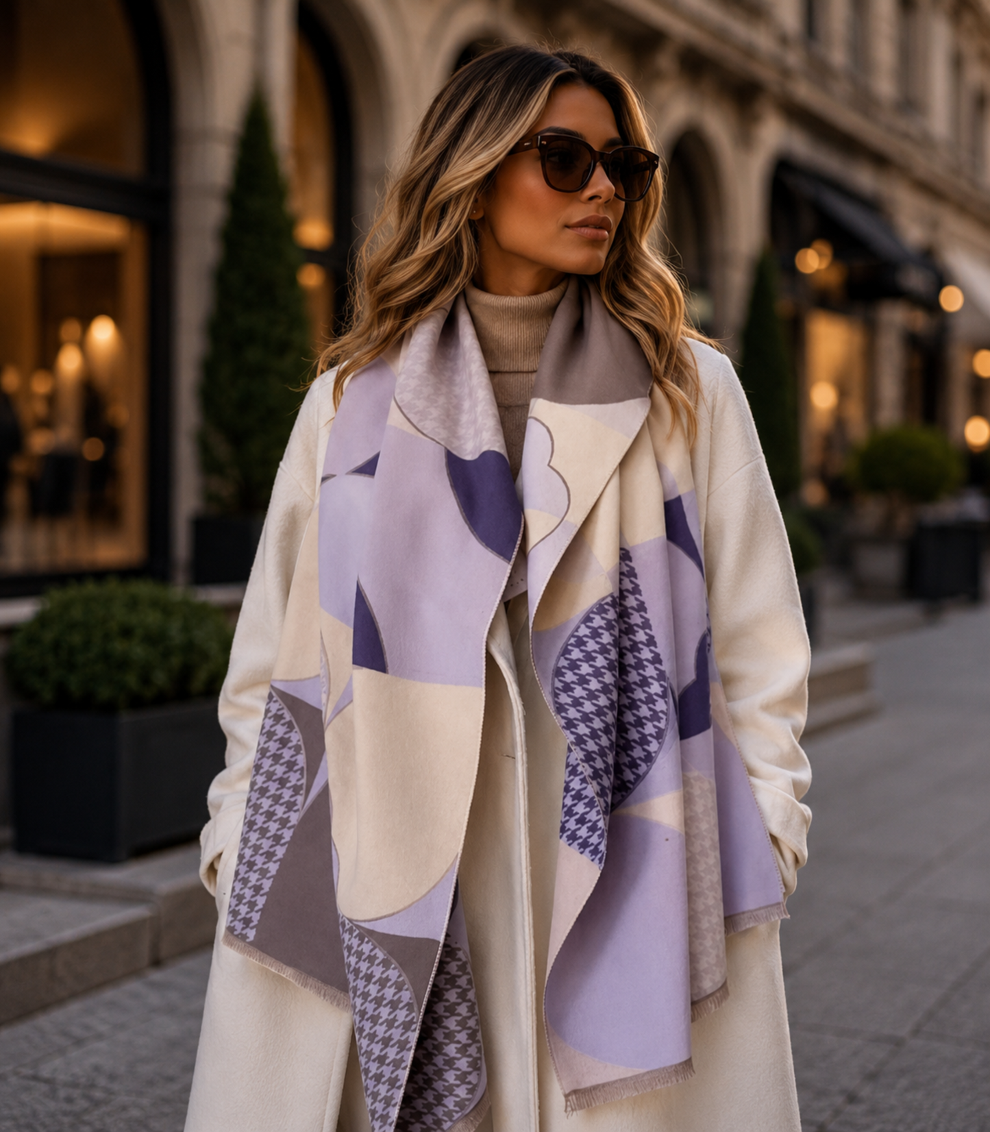 Woman wearing a patterned scarf in an urban setting