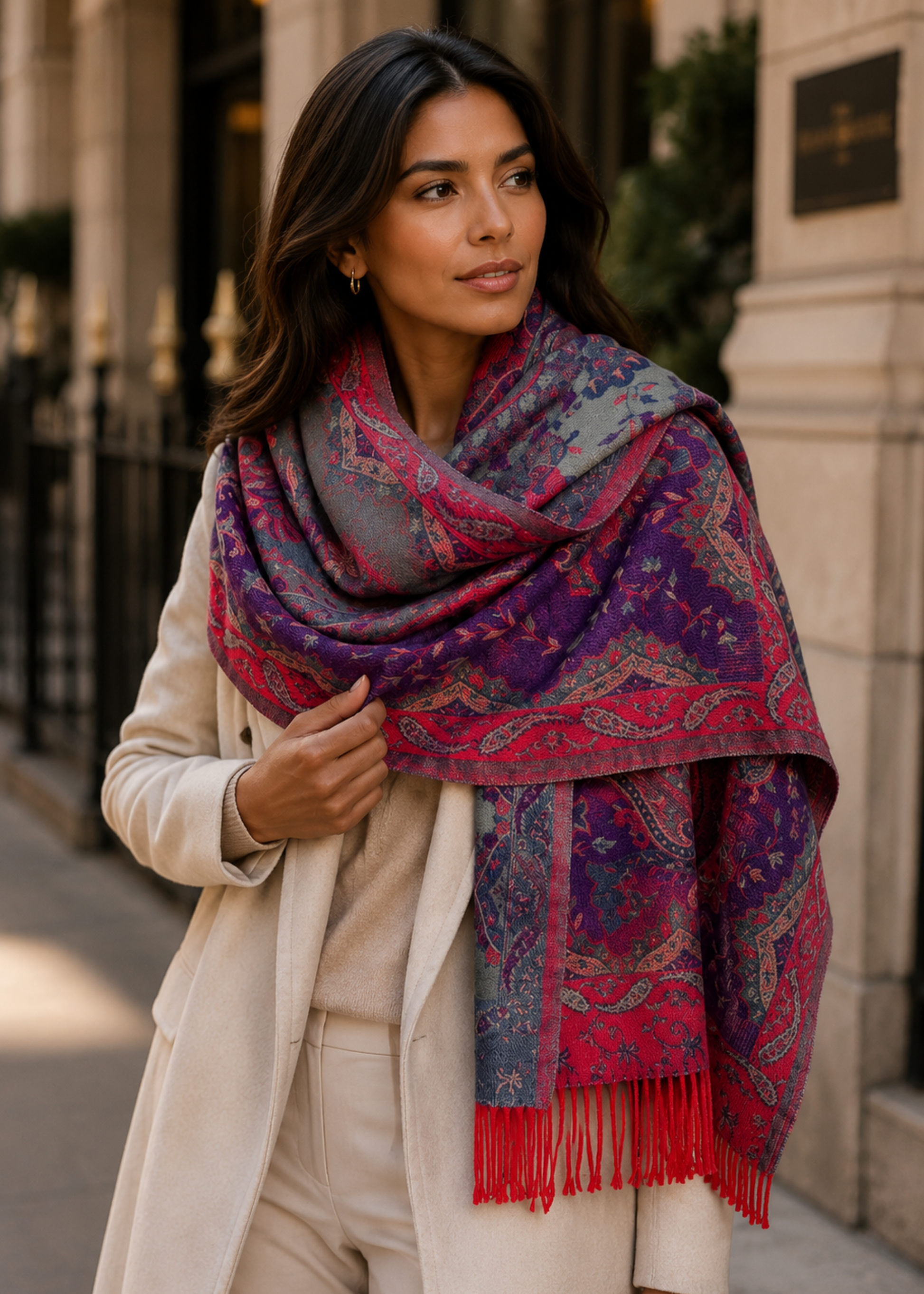 Woman wearing a patterned scarf outdoors in an urban setting