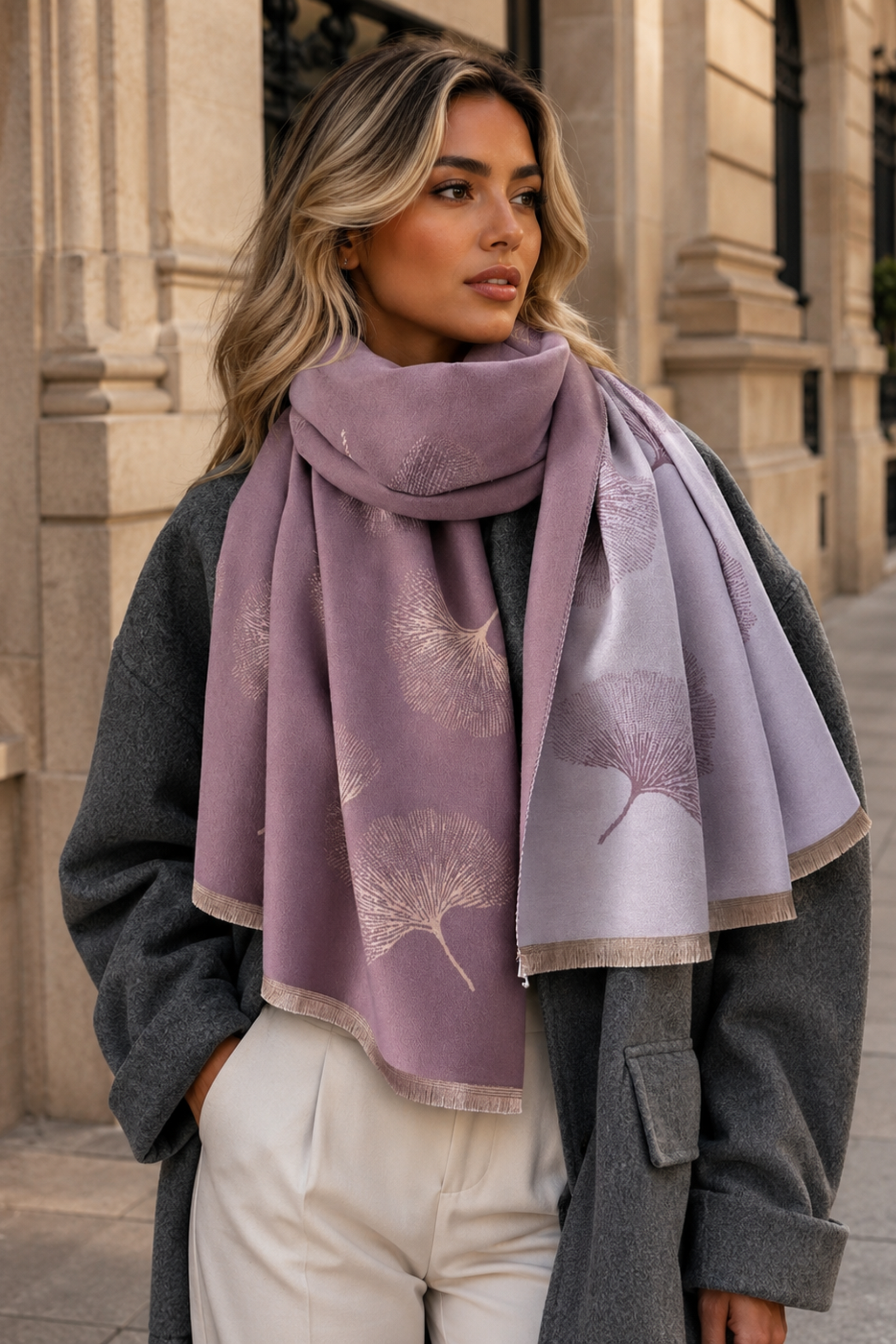 Woman wearing a purple scarf with floral patterns outdoors.