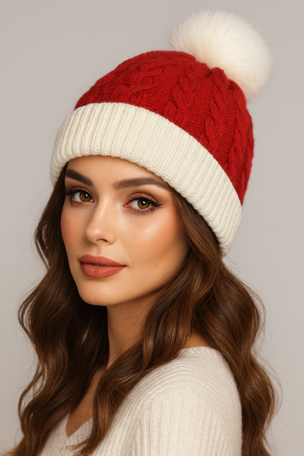 Adults Unisex Christmas Santa PomPom Beanie Hat in Red