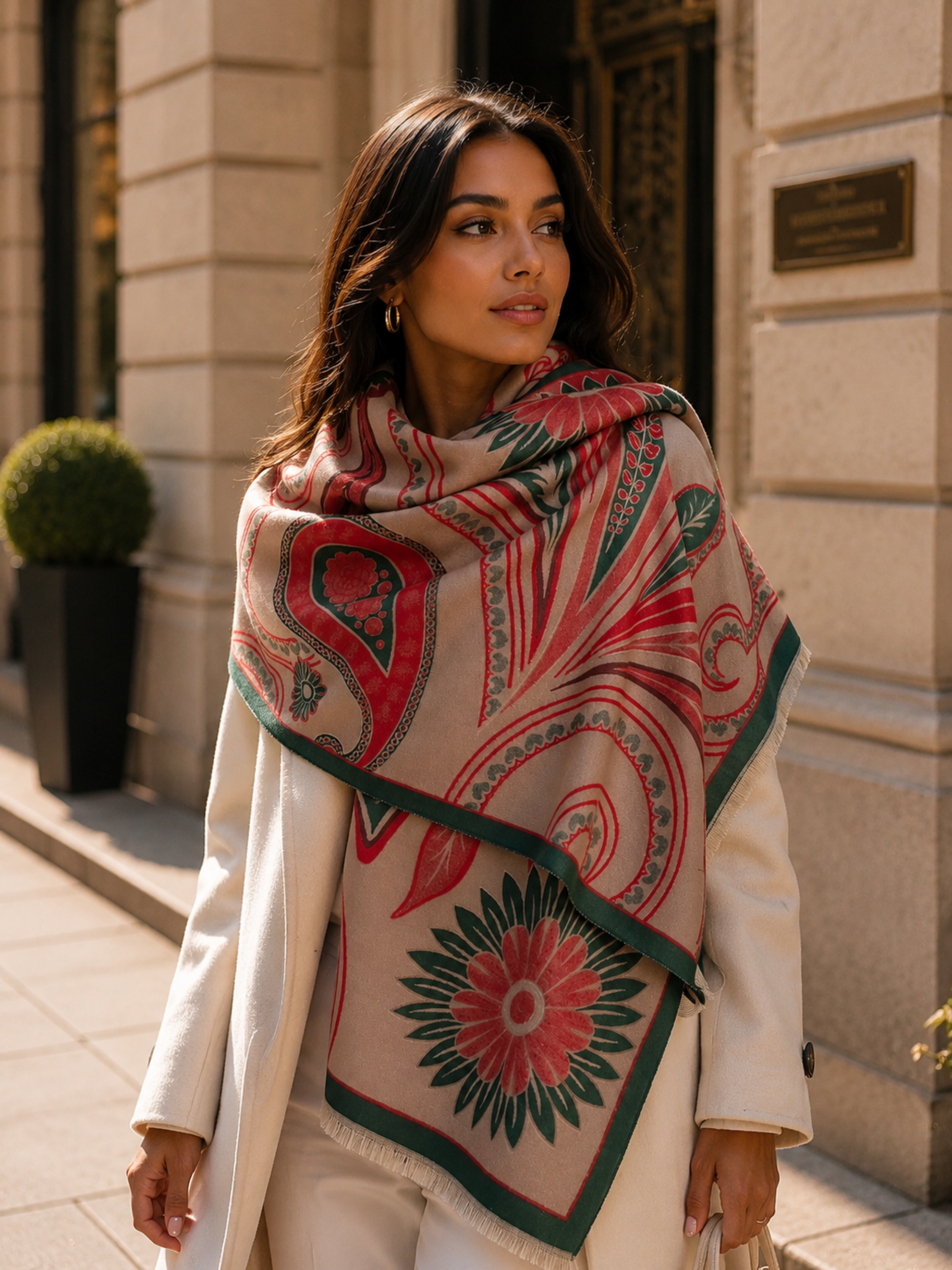 Woman wearing a patterned scarf in an urban setting