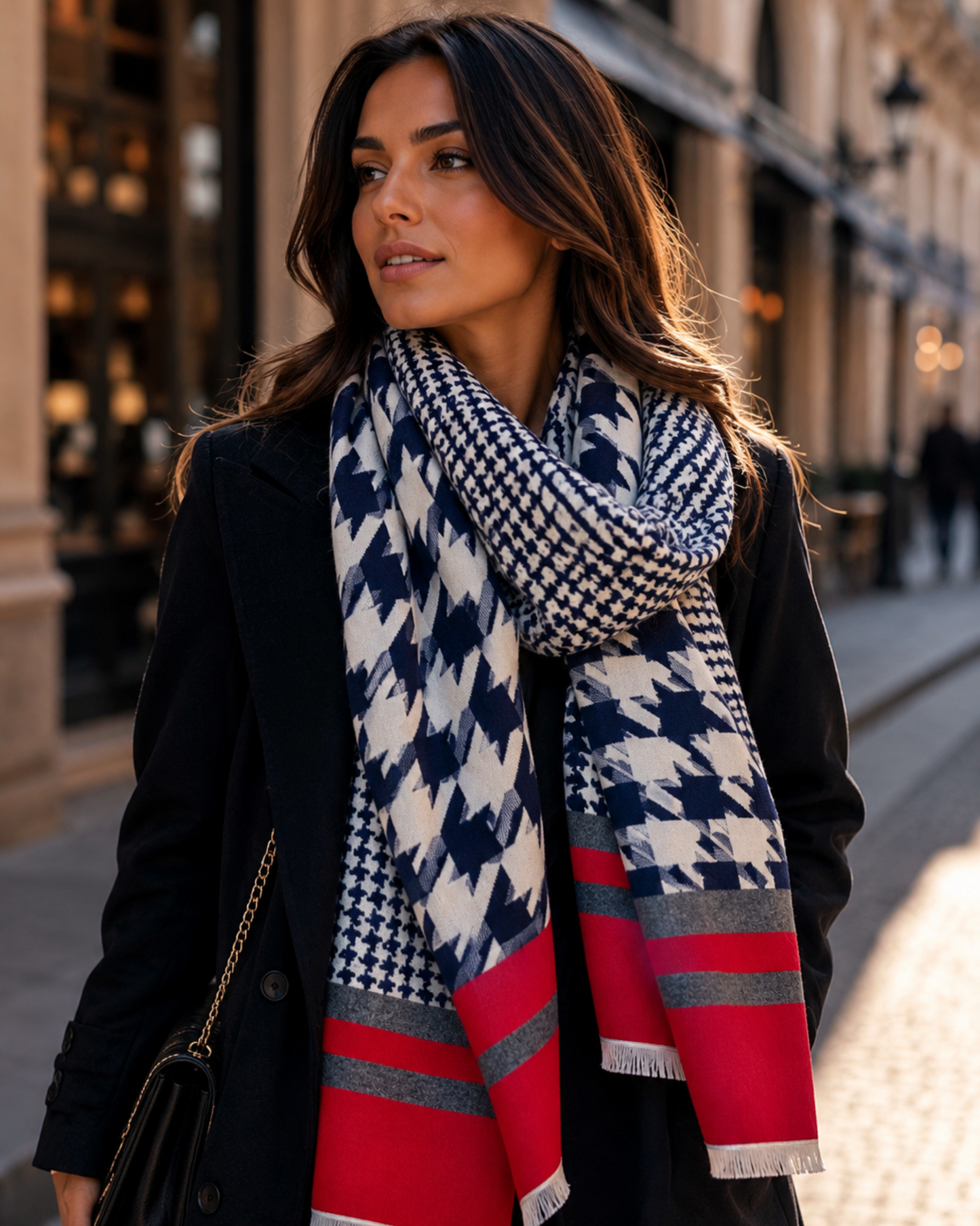 Houndstooth Print Wrap Scarf Shawl in Navy