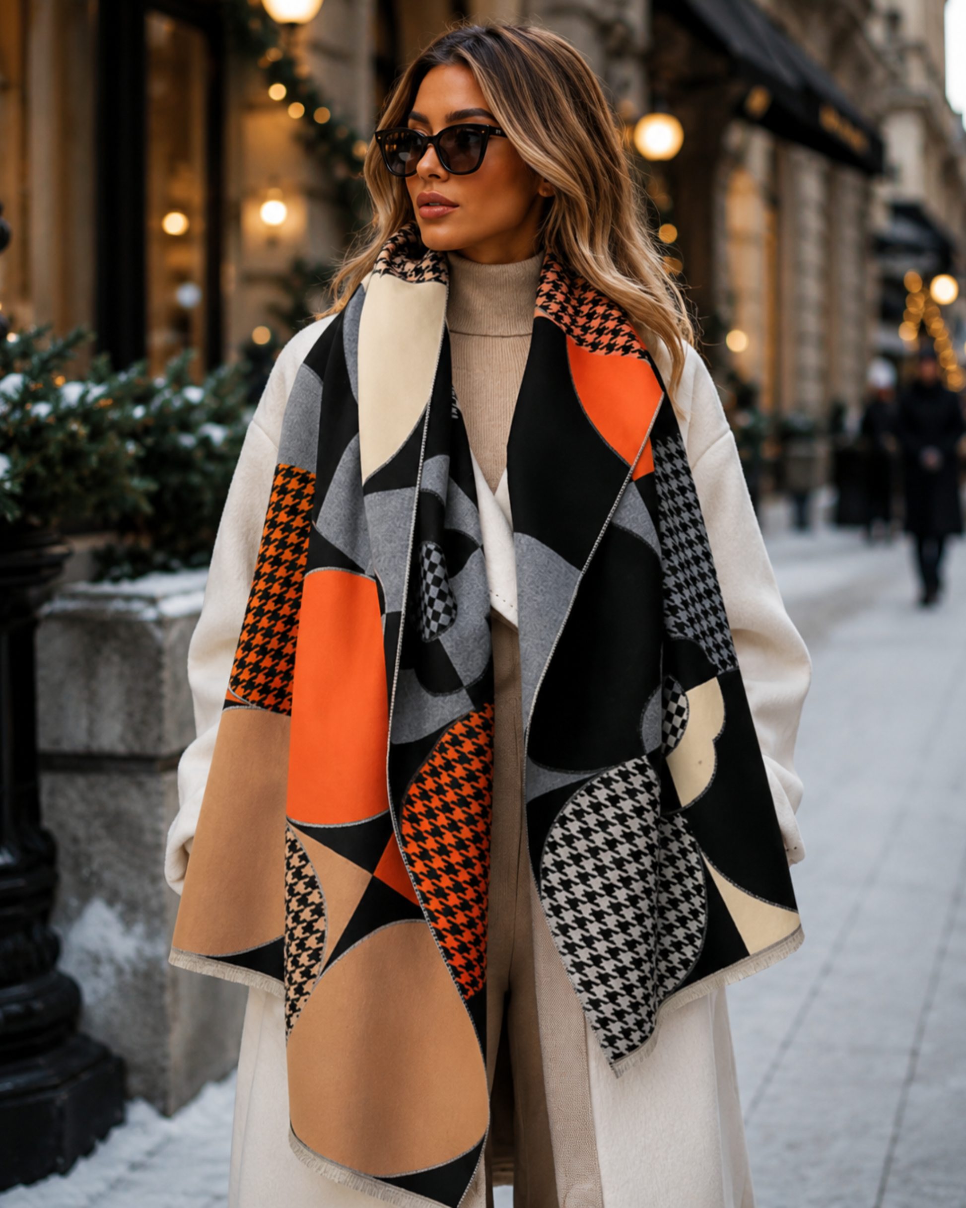 Woman wearing a patterned scarf on a city street