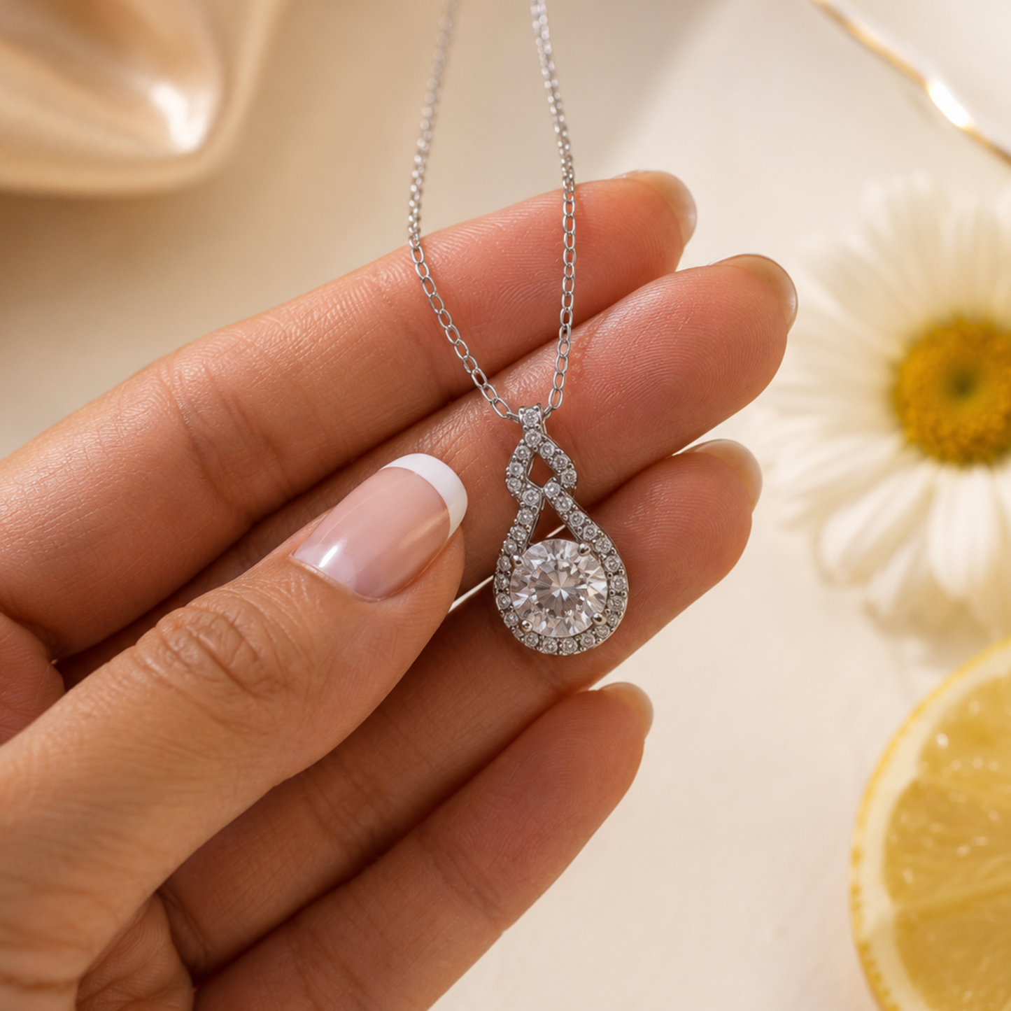 Hand holding a diamond necklace with a soft background