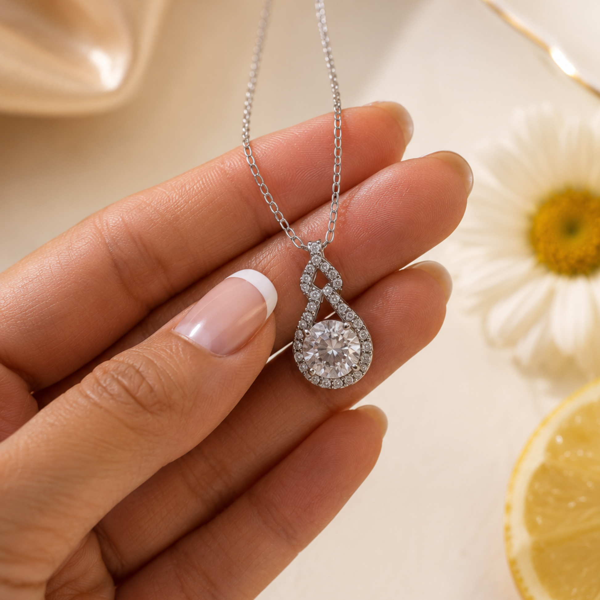 Hand holding a diamond necklace with a soft background