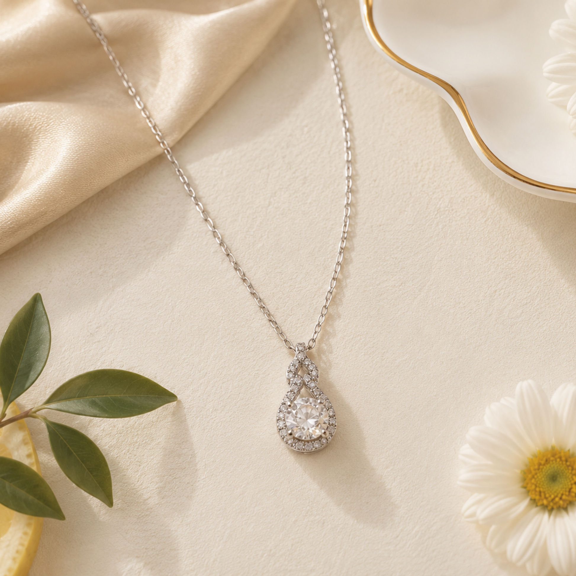 Silver necklace with a teardrop-shaped pendant on a beige fabric background with flowers and a lemon slice.