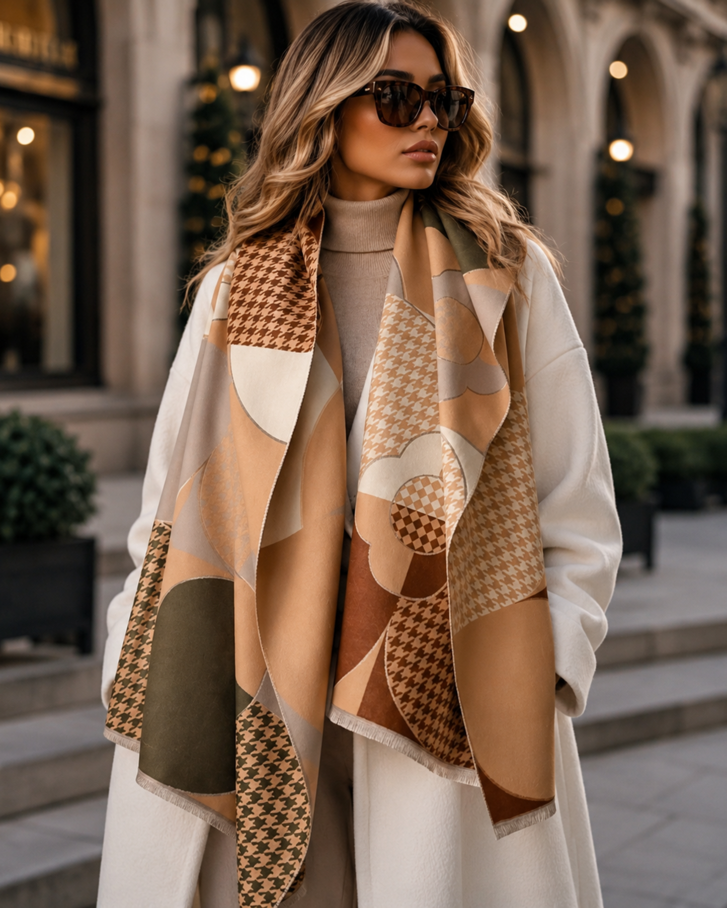 Woman wearing a patterned scarf and sunglasses in an urban setting