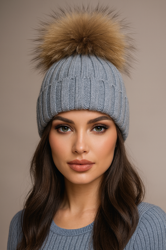 Fluffy Cable Knit Pom Pom Hat in Grey