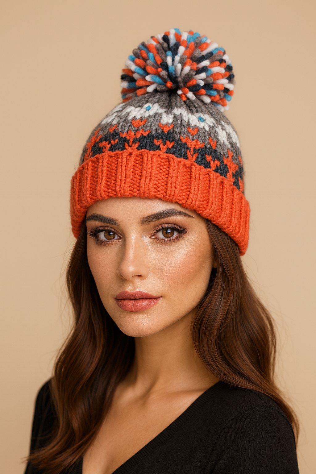 Premium PomPom Beanie Hat in Orange