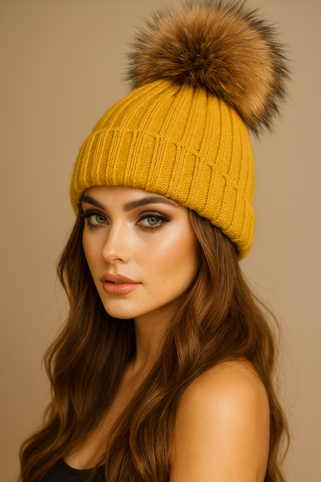 Fluffy Cable Knit Pom Pom Hat in Yellow