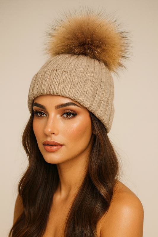 Fluffy Cable Knit Pom Pom Hat in Beige
