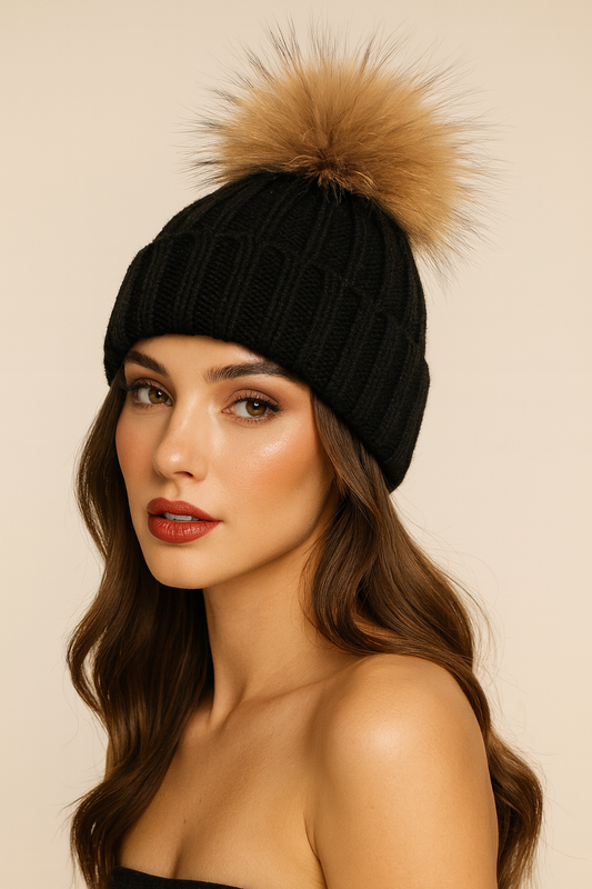 Fluffy Cable Knit Pom Pom Hat in Black