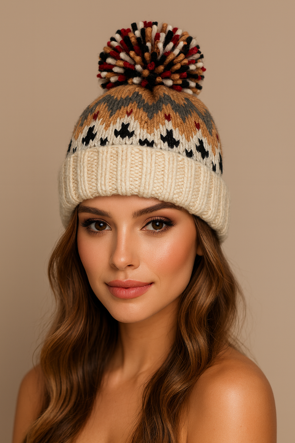 Premium PomPom Beanie Hat in Beige