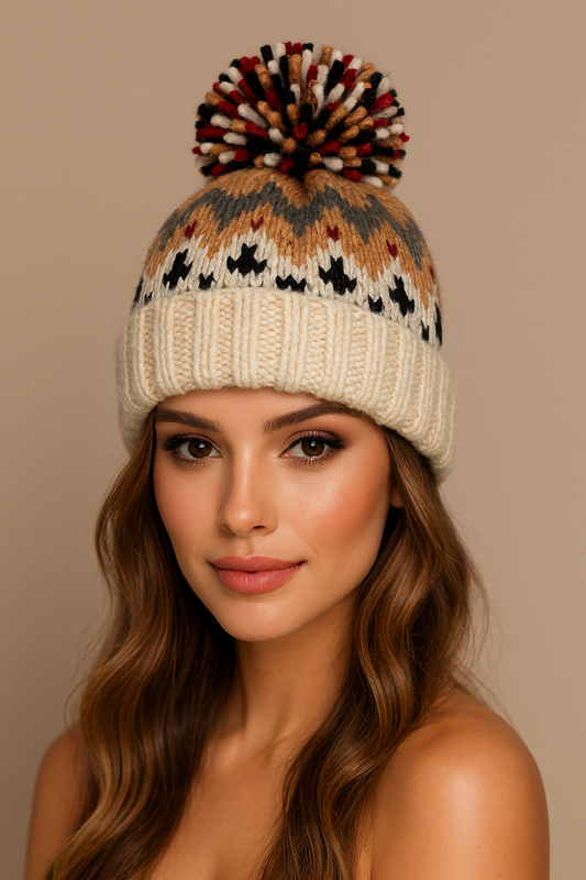 Premium PomPom Beanie Hat in Beige