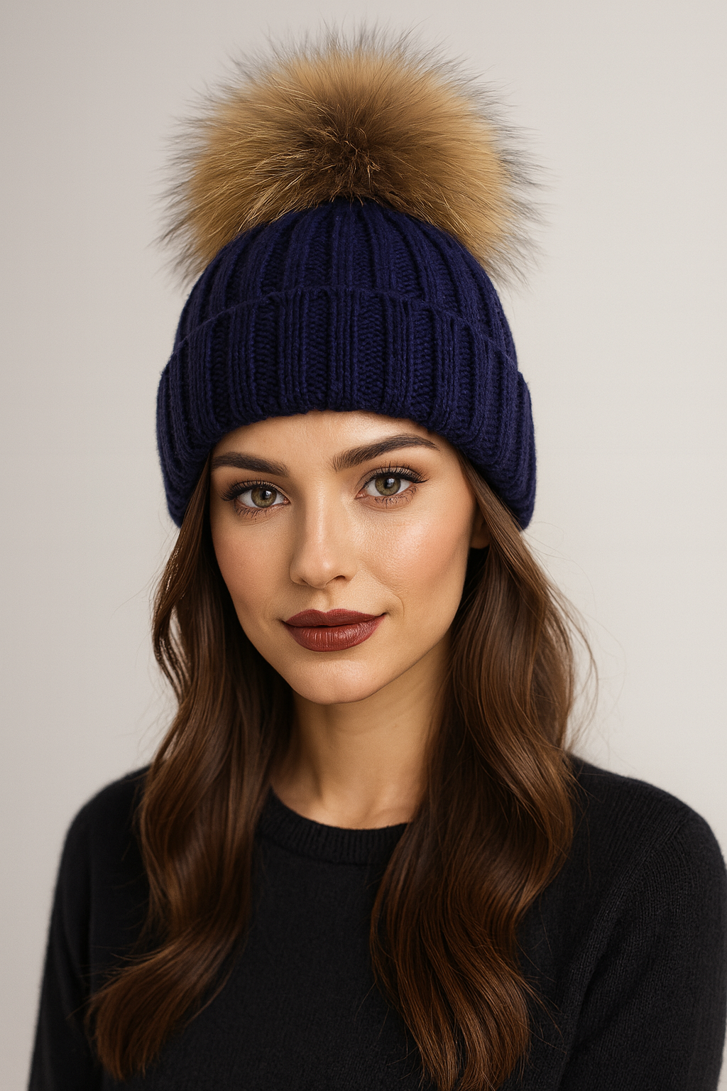 Fluffy Cable Knit Pom Pom Hat in Navy