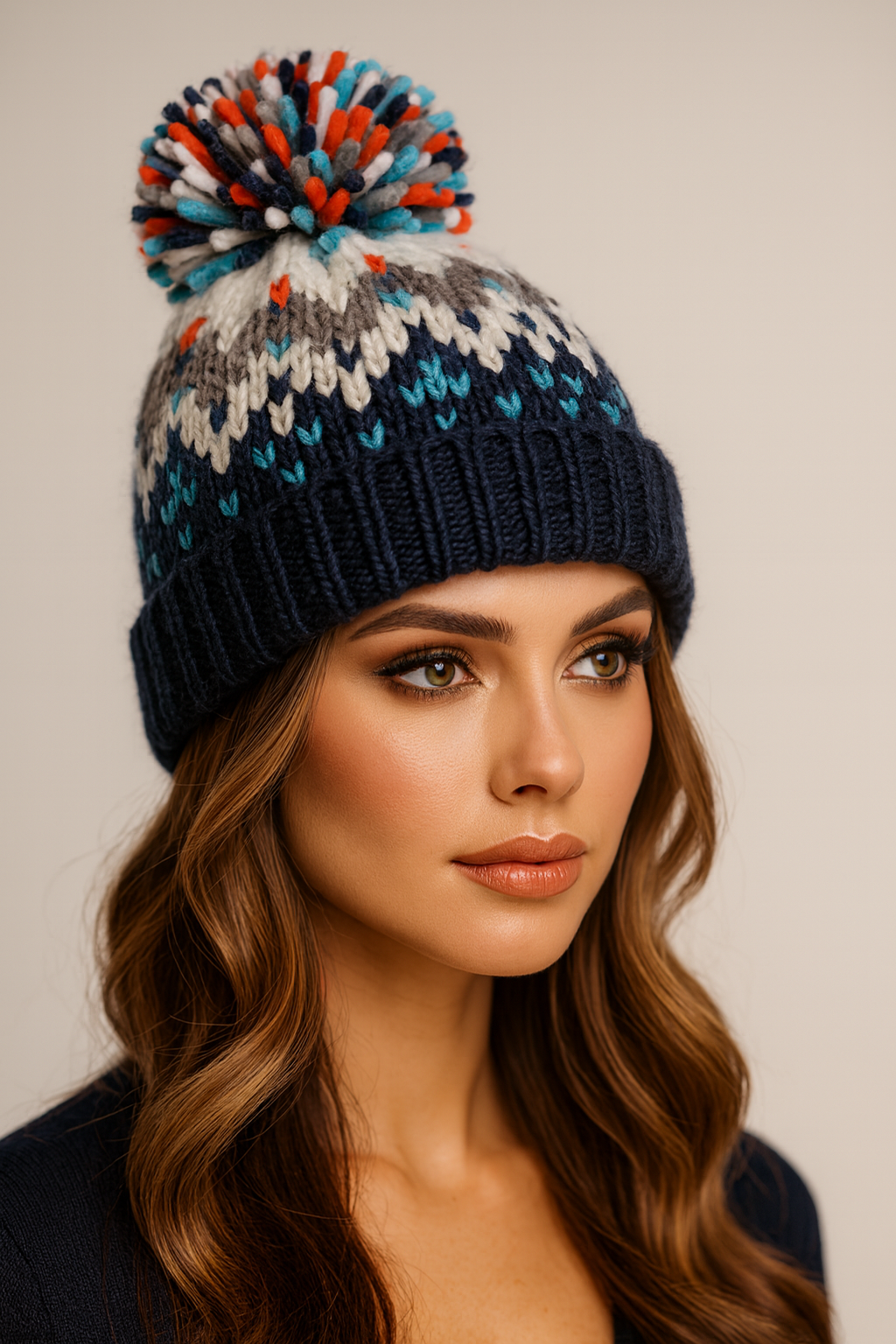 Premium PomPom Beanie Hat in Navy