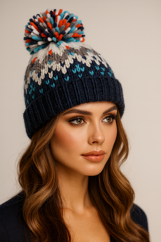 Premium PomPom Beanie Hat in Navy