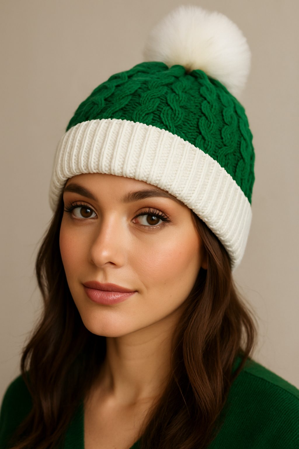 Adults Unisex Christmas Santa PomPom Beanie Hat in Green