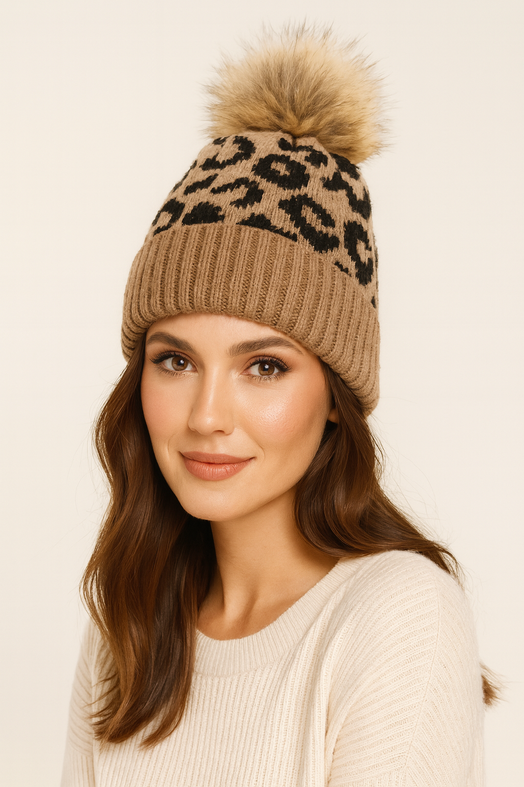 Leopard Knit Pom Pom Hat in Brown